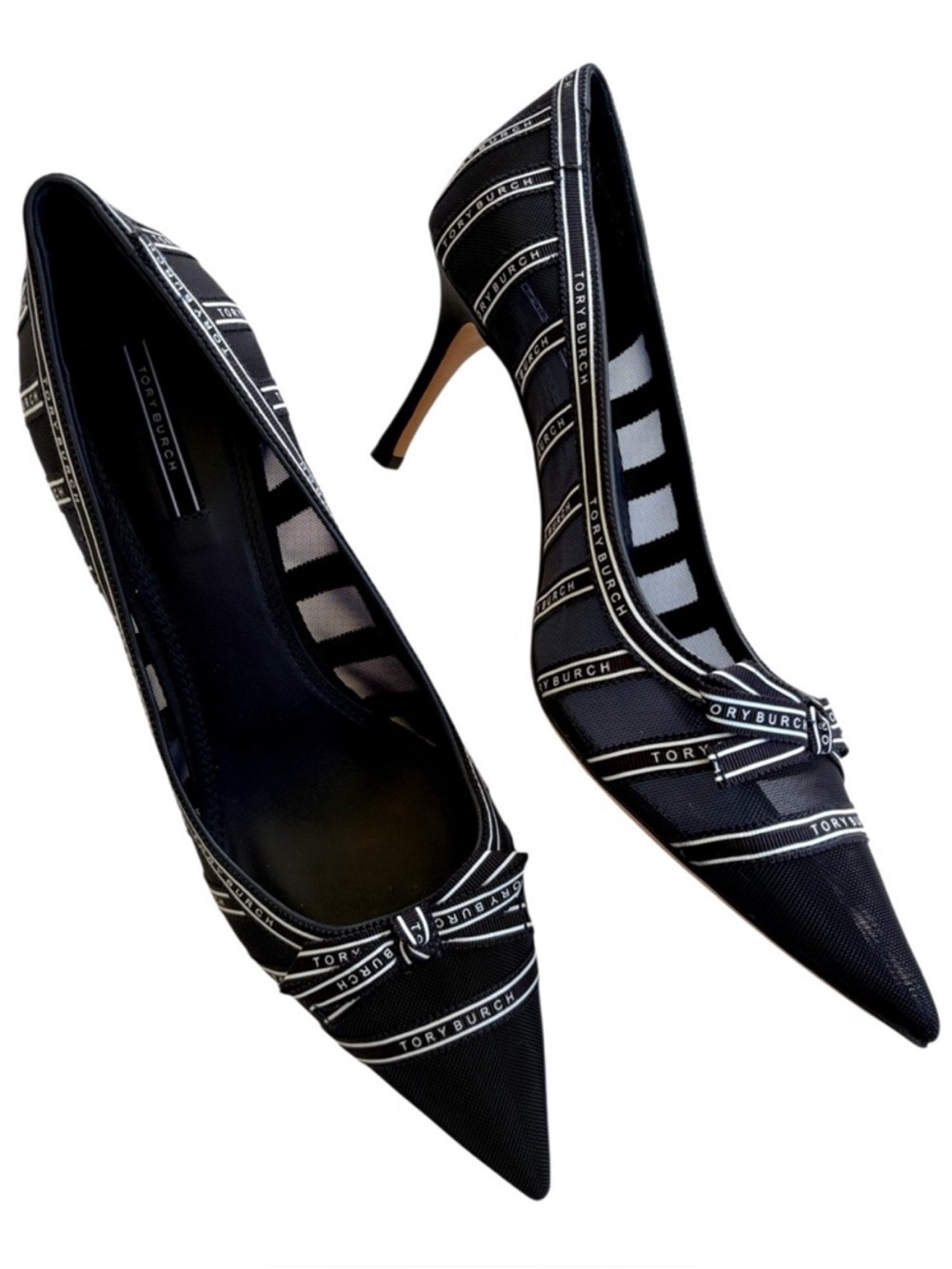 EUC Tory Burch Penelope Mesh Logo Pumps Black White Size 8.5 Retail $490.00